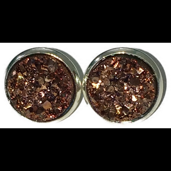 Bronze Druzy 12mm Round Silver Setting Earrings - Picture 4 of 4